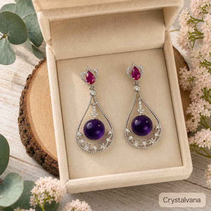 Natural amethyst halo teardrop earrings with pink CZ accent in beige gift box with eucalyptus, Crystalvana