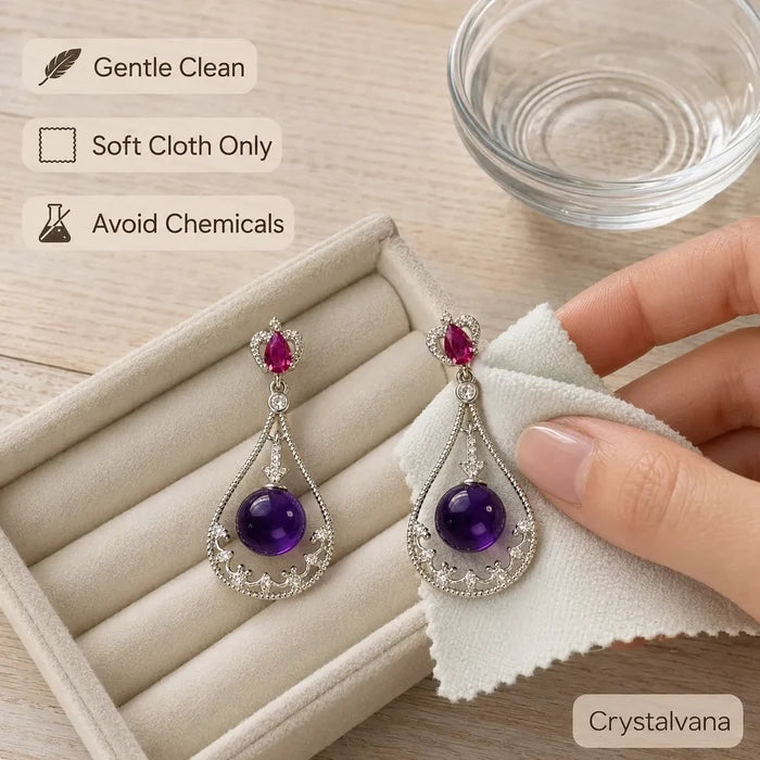Natural amethyst halo teardrop earrings flat lay on wood with eucalyptus and pink flowers, Crystalvana
