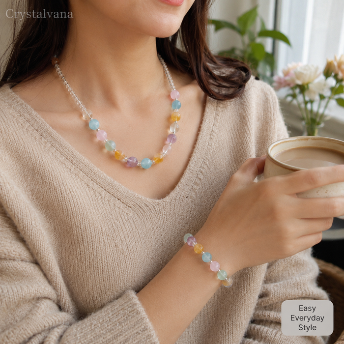 Natural Crystal Multi-Gemstone Bracelet & Necklace Set - Crystalvana
