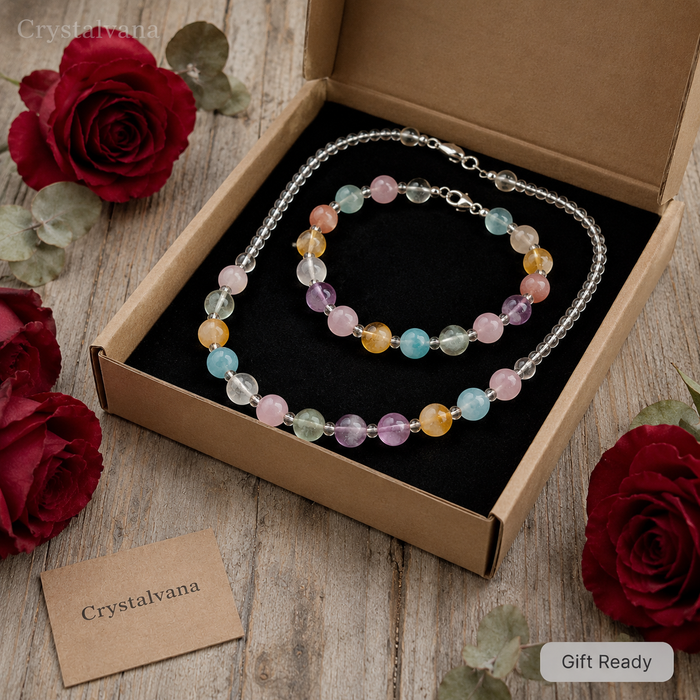 Natural Crystal Multi-Gemstone Bracelet & Necklace Set - Crystalvana
