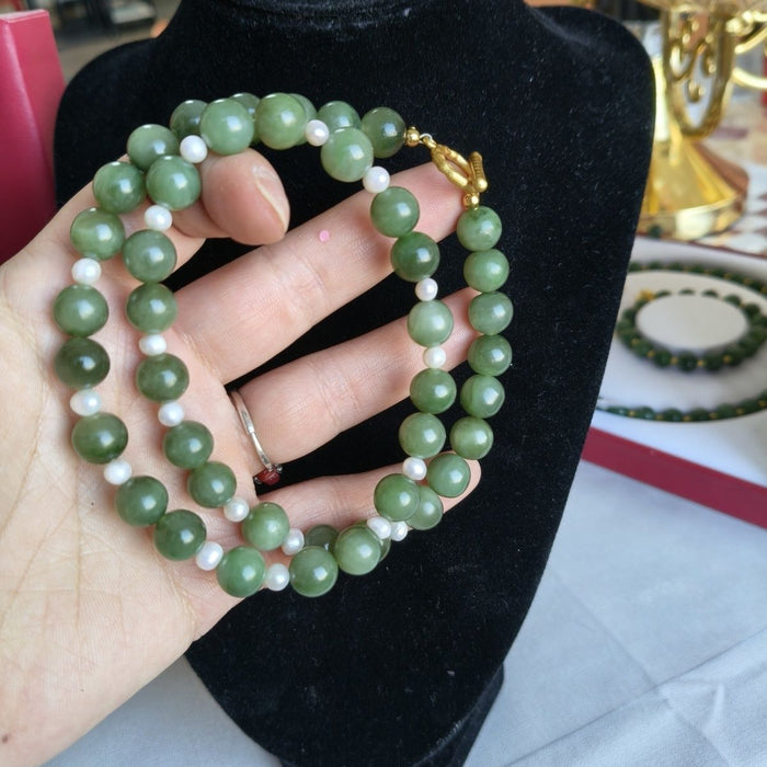 Natural Hetian Jade Cat Eye Pearl Necklace | Harmony, Luck & Elegance | Crystalvana