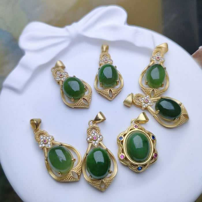 Green jade crystal pendant with gold inlay, full view - heart chakra healing jewelry