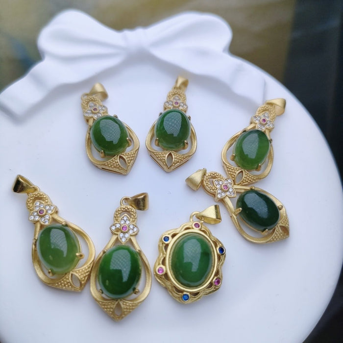 Close-up of jade and gold inlay pendant detail - wealth and protection amulet
