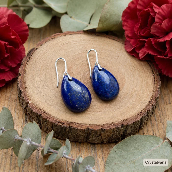 Natural Lapis Lazuli teardrop dangle earrings 14K gold plated - handcrafted gemstone earrings by Crystalvana