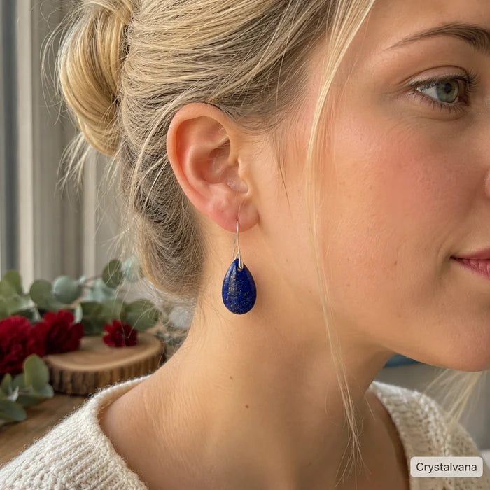 Lapis Lazuli earrings on display with natural lighting - crystal dangle earrings for intuition