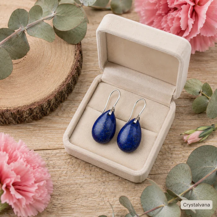 Natural Lapis Lazuli teardrop earrings close-up - deep blue gemstone earrings for wisdom