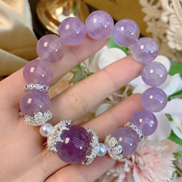 14mm Natural Lavender Amethyst bracelet handcrafted healing crystal jewelry by Crystalvana