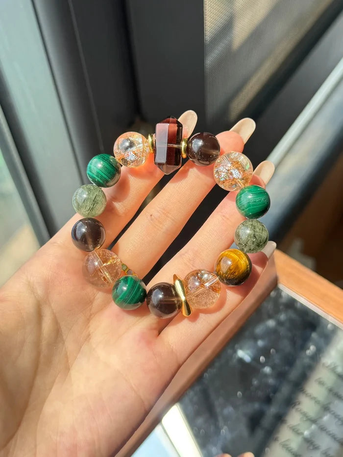 Natural Malachite Gold Foil Smoky Quartz Green Rutilated Quartz Yellow Tiger Eye Bracelet 13-15mm | Crystalvana