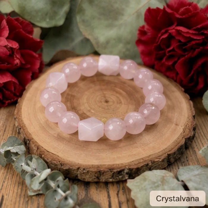 Natural Pink Quartz Gold Rutile 14mm Bracelet | Love & Abundance | Crystalvana