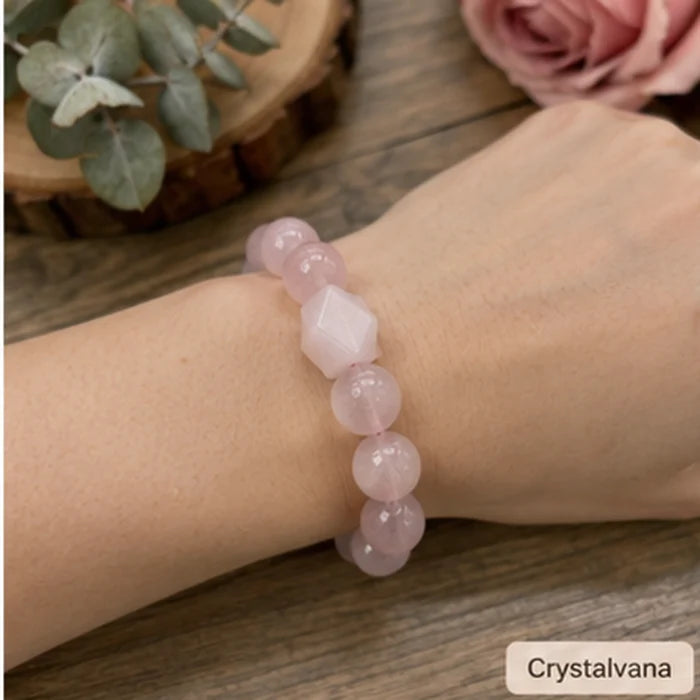 Natural Pink Quartz Gold Rutile 14mm Bracelet | Love & Abundance | Crystalvana