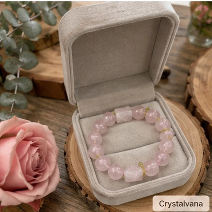 Natural Pink Quartz Gold Rutile 14mm Bracelet | Love & Abundance | Crystalvana