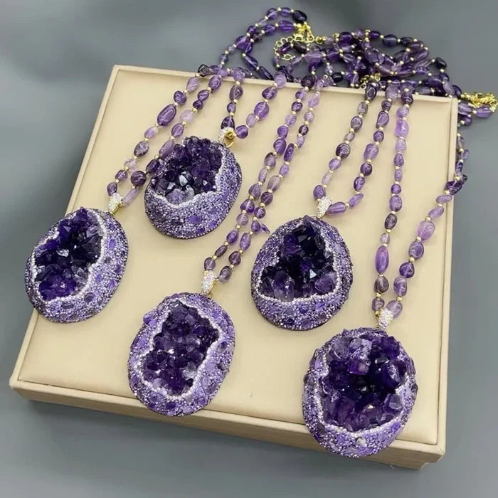 Amethyst jewelry set on display with natural lighting — crystal jewelry gift set for healing and wellness by Crystalvana