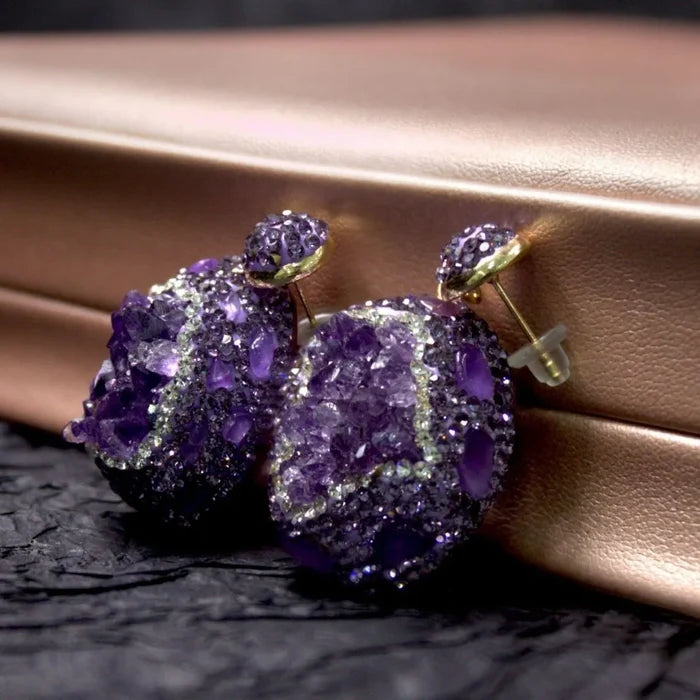 Lifestyle shot of amethyst jewelry set worn elegantly — crystal jewelry gift set for healing and wellness by Crystalvana