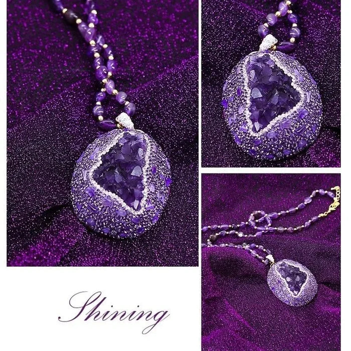 Amethyst jewelry set styled on model wrist — crystal jewelry gift set for healing and wellness by Crystalvana