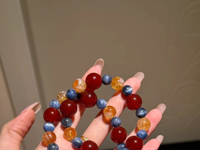Natural Red Agate, Blue Kyanite & Yellow Tower Crystal Bracelet 8-14mm | Health & Wealth | Crystalvana