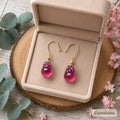 Natural red tourmaline rubellite pear drop earrings in beige gift box with eucalyptus and pink carnation, Crystalvana