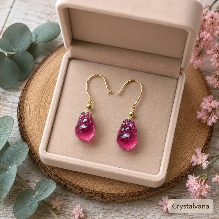 Natural red tourmaline rubellite pear drop earrings in beige gift box with eucalyptus and pink carnation, Crystalvana