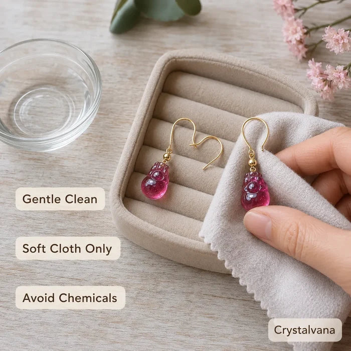 Model wearing natural red tourmaline rubellite earrings blonde smile pink top window light, Crystalvana