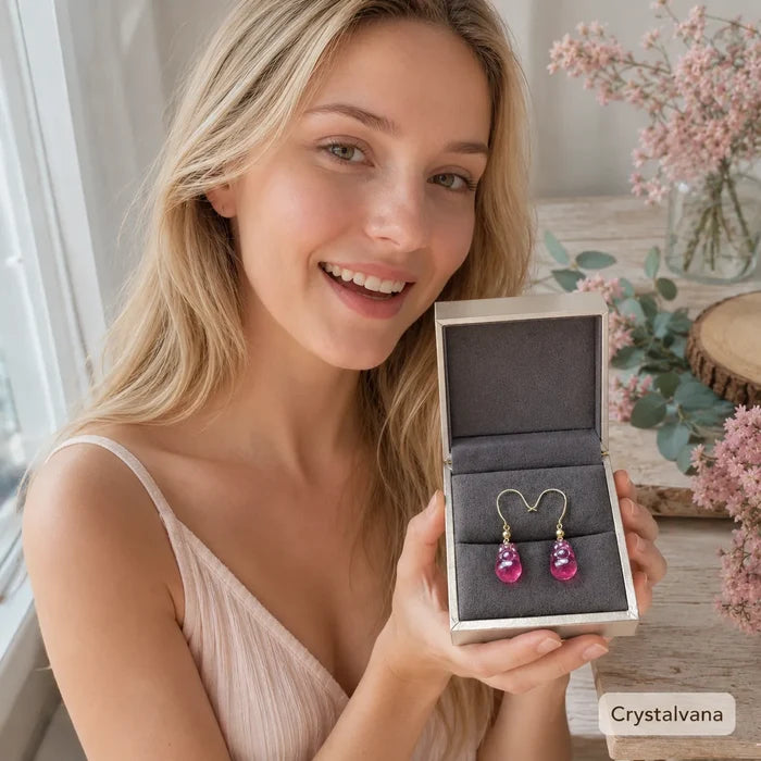 Model wearing natural red tourmaline rubellite earrings blonde holding coffee cup window light, Crystalvana