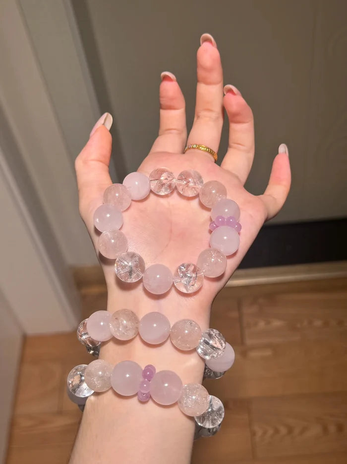 Natural Rose Quartz, Pink Agate & White Agate Bracelet 14mm | Love & Purity | Crystalvana
