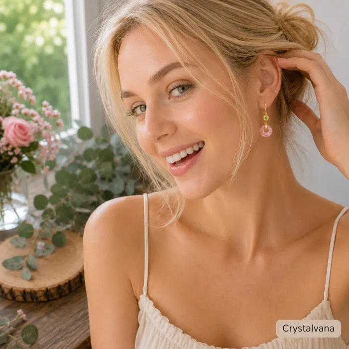 Model wearing natural strawberry quartz peace buckle earrings blonde hair hand on neck vintage style, Crystalvana