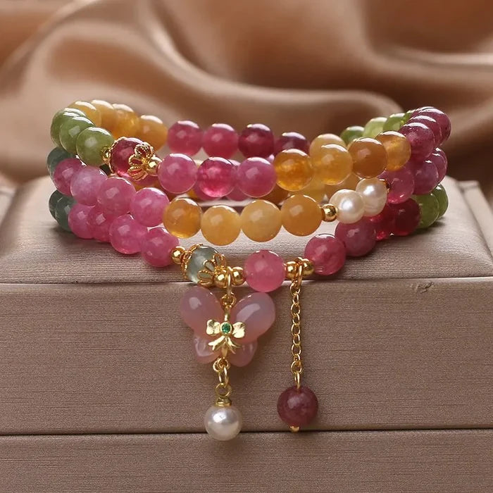 Natural Tourmaline multi-wrap bracelet butterfly pendant crystal jewelry gift by Crystalvana