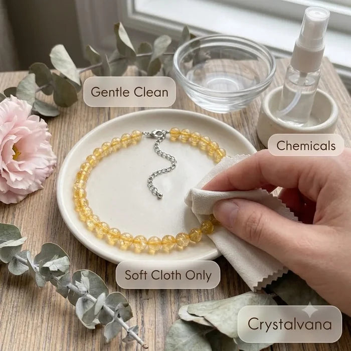 Natural yellow citrine necklace in gift box unboxing with model in pink showing packaging, Crystalvana