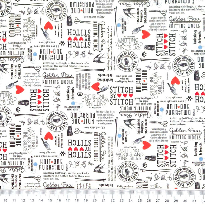 Text and pattern fabric with knitting-related designs on a white cotton