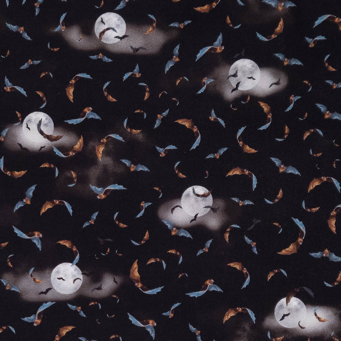 A repeating Halloween-themed patterned cotton fabric featuring flying bats, crescent moons, and small clouds on a very dark background.