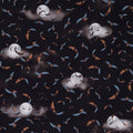 A repeating Halloween-themed patterned cotton fabric featuring flying bats, crescent moons, and small clouds on a very dark background.