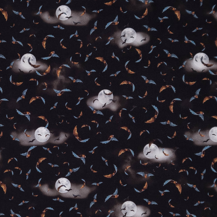 A repeating Halloween pattern featuring flying bats and moon phases on a black cotton fabric.