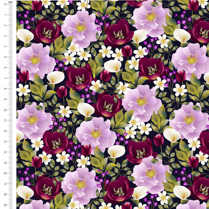 Floral fabric pattern with purple, red, and white flowers on a dark background, measured against a ruler.