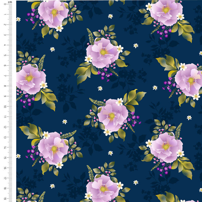 Floral pattern with purple flowers and green leaves on a blue background, with a ruler for scale.