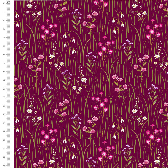 Floral pattern fabric swatch on a purple background with a ruler on the left side.