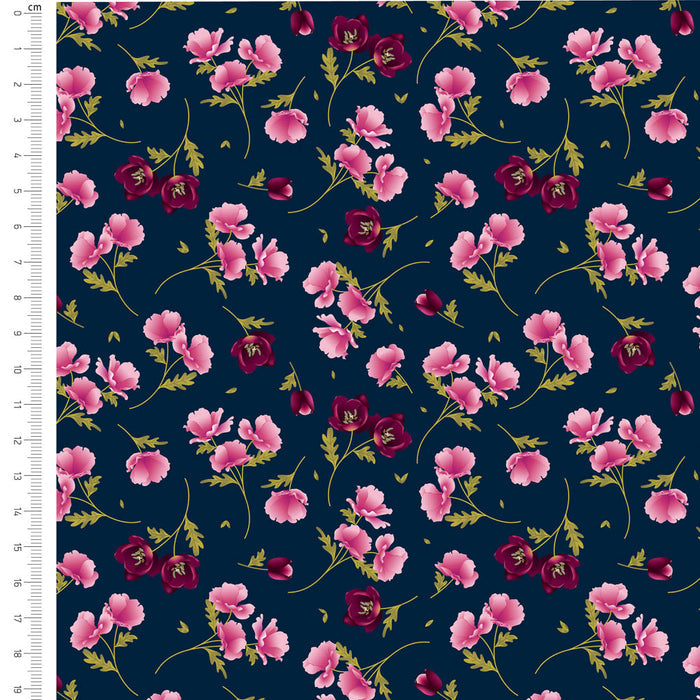 Floral pattern with pink and red flowers on a navy background, with a ruler for scale.