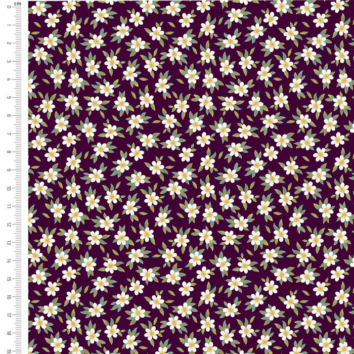 Floral pattern with white flowers and green leaves on a purple background, with a ruler for scale.