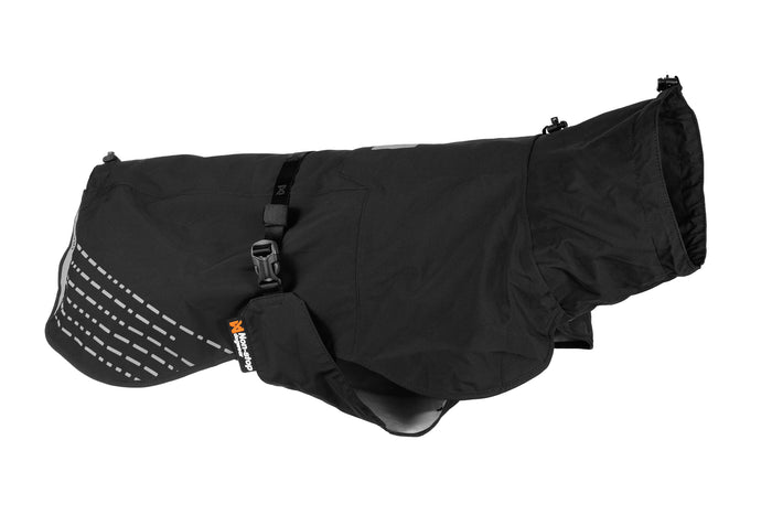 Stock image of the Fjord Raincoat, a black dog coat, on a white background.