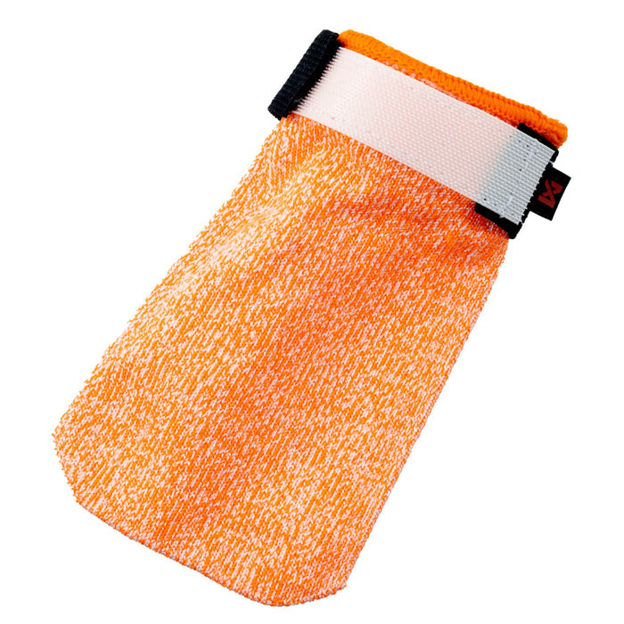 An orange Protector Sock against a white background.