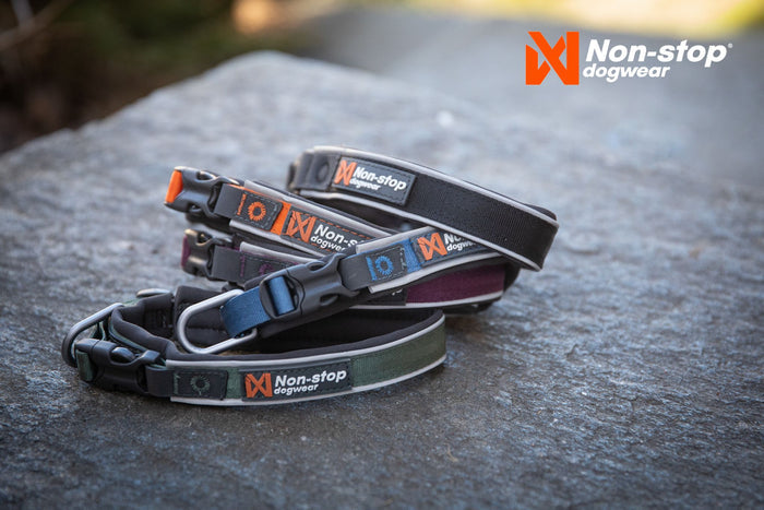 Lifestyle image of the Roam Collar, showing a bundle of collars stacked on a rock.