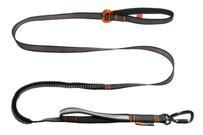 Stock image of the Touring Bungee Lead, on a white background, with Non-stop branding and a carabiner.