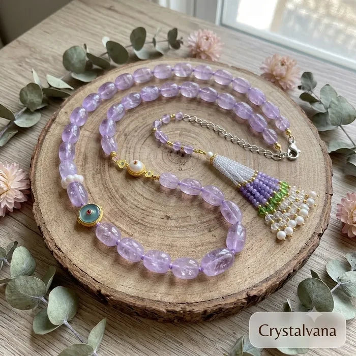 Original design lavender amethyst barrel bead necklace with tassel pendant on wood slice with roses, Crystalvana