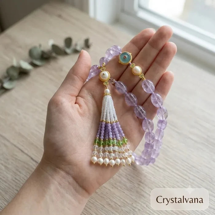 Lavender amethyst tassel necklace displayed in hand showing barrel beads and tassel, Crystalvana