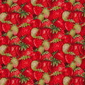 Pattern of red strawberries with green leaves on a fabric cotton quilting fabric