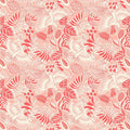 Bold white parrots swooping around coral red fan leaves and fruit printed on a light blush quilting cotton.