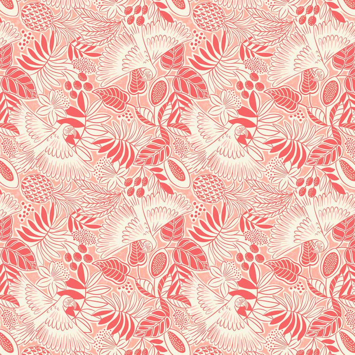 Bold white parrots swooping around coral red fan leaves and fruit printed on a light blush quilting cotton.