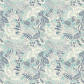 Bold white parrots swooping around navy blue fan leaves and fruit printed on a deep bright sea turquoise quilting cotton.