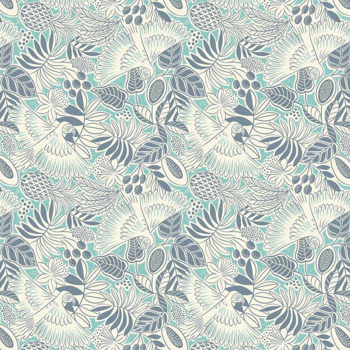 Bold white parrots swooping around navy blue fan leaves and fruit printed on a deep bright sea turquoise quilting cotton.