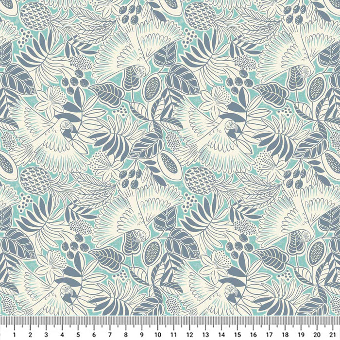 Bold white parrots swooping around navy blue fan leaves and fruit printed on a deep bright sea turquoise quilting cotton with a cm ruler