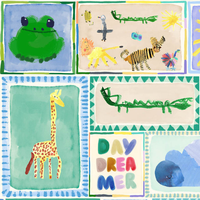 Children's patchwork design in blue cotton quilting fabric