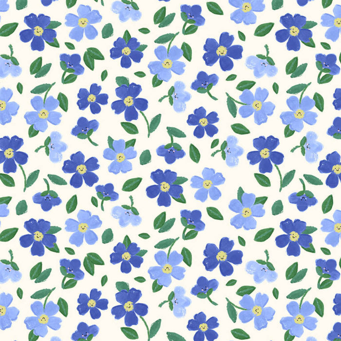 Blue flowers printed on cotton quilting fabric